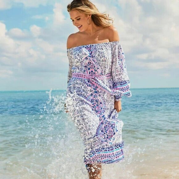 Lilly Pulitzer ABIGALE OFF THE SHOULDER MIDI DRESS-Size M- White Time To Shine - Picture 1 of 10